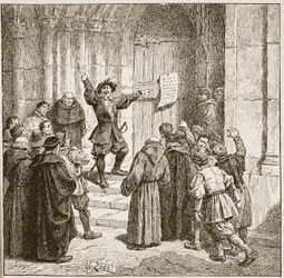 Aske affixing his proclamation to the door of York Cathedral, illustration from 